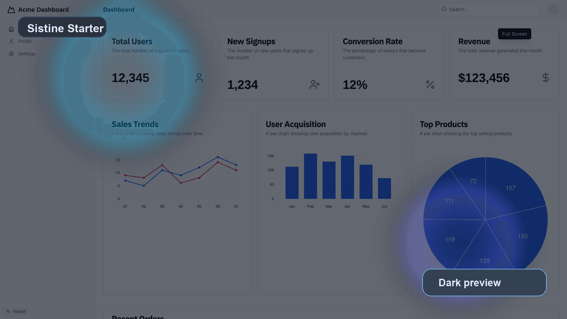 Product interface preview in dark mode